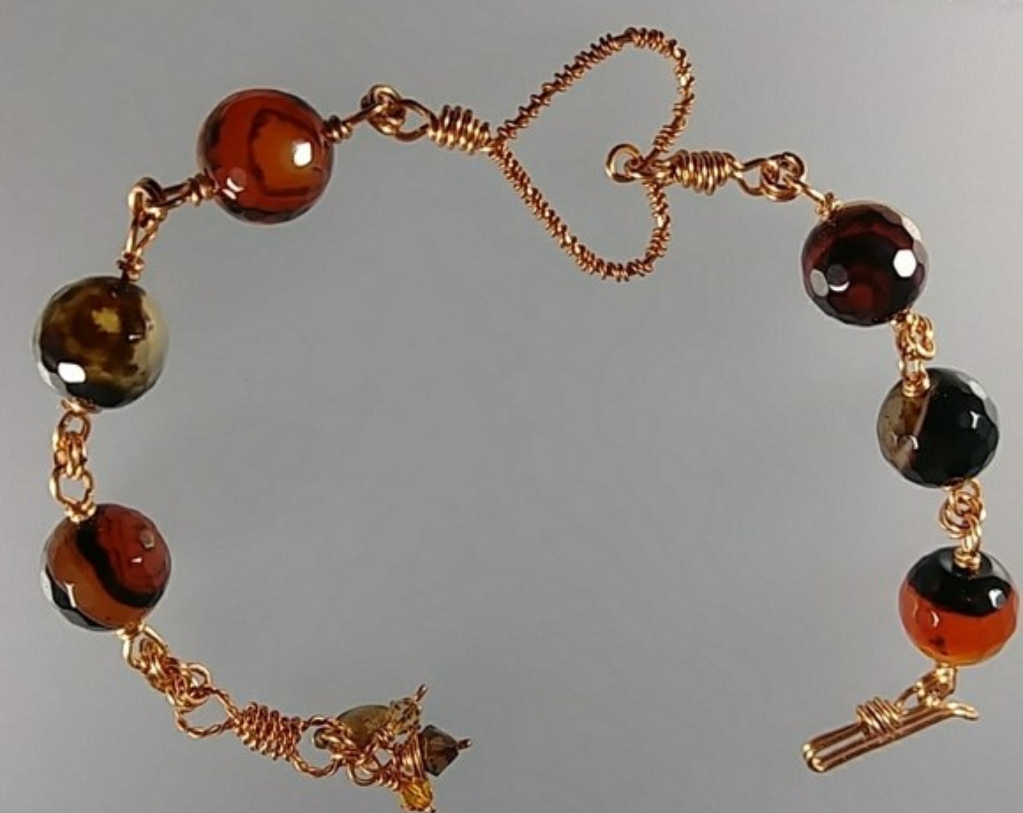 (201-BCT) - Description: Handcrafted Bracelet, Banded Agate Amber Gemstone Beads, Swarovski Crystal, Copper Wire, Handcrafted Chain, Heart and Hook Closure  - Dimension: 8 1/2' L (Inches)