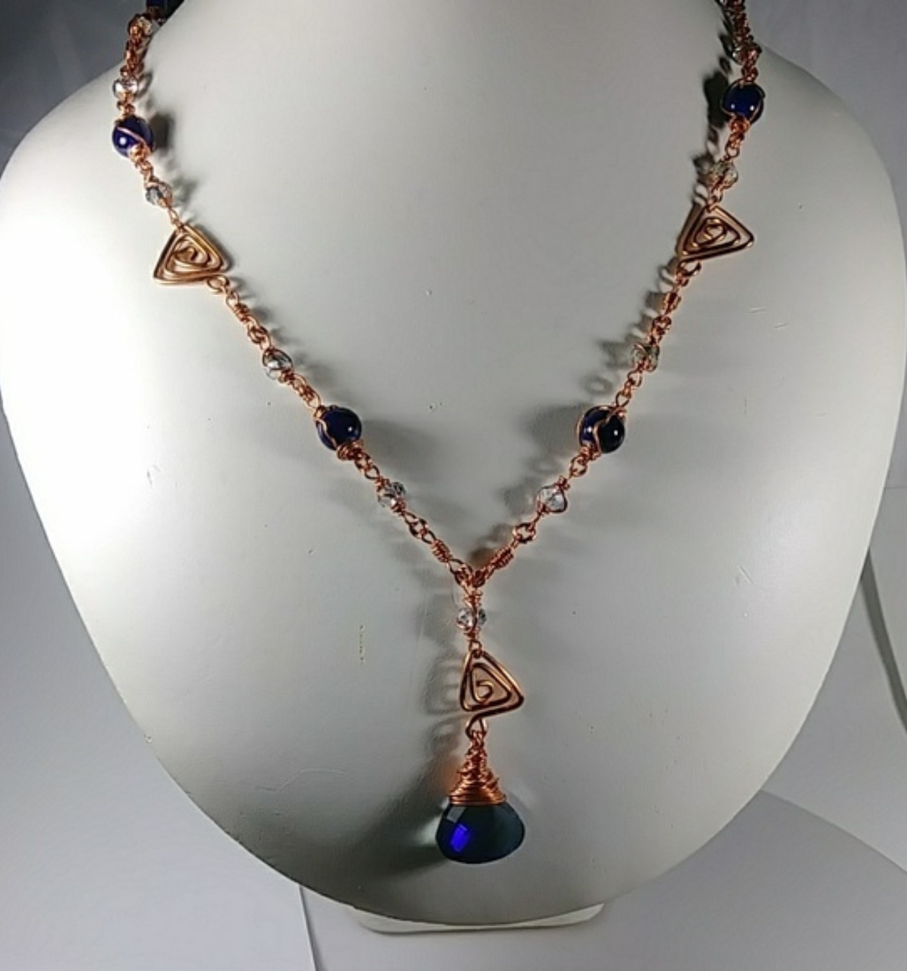 (303 -NCK) - Description: Copper Wire and Lapis Glass Beads Faceted Glass Beads). Hook Closure - Dimension: 29 Inches (L)