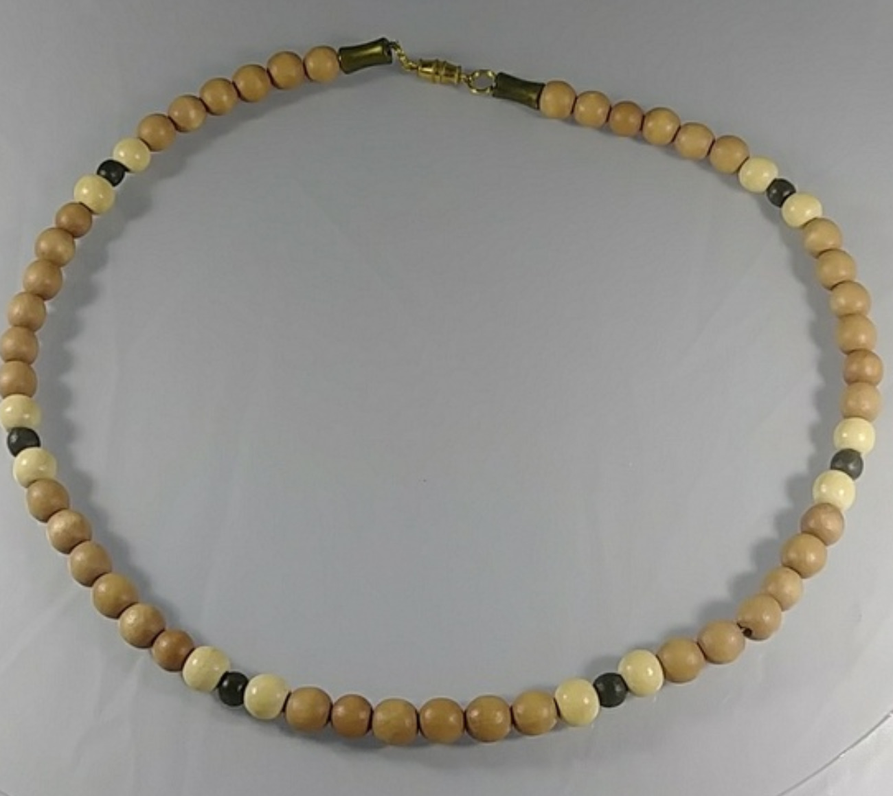(374-NCK-MEN) - Description: Wood Beads, Gold Tone Beads and Barrel Closure -  Dimension: 20 1/2' L (Inches)