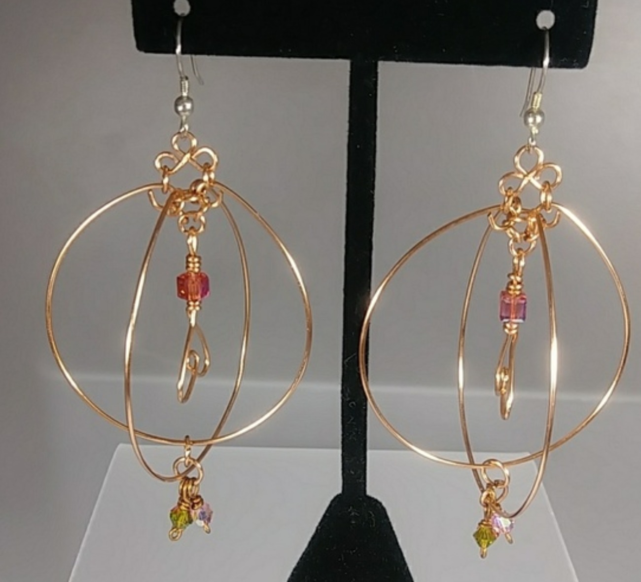 601 - EAR - Description: Earrings: Copper Wire, Swarovski Crystal Beads, 3 1/2” (inches/Length) 2 ” (inches/Width) Sterling Silver Fishhook Earwire