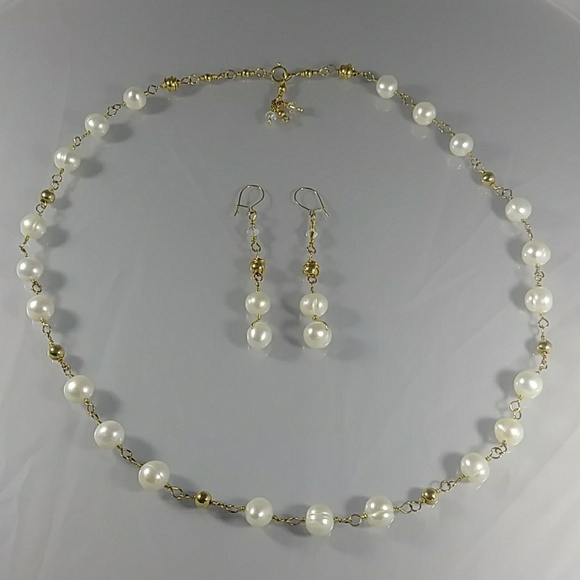 (300 -NCK) - Description:  Genuine Pearl Beads, Swarovski AB Crystals, 14kt Gold Wire, Beads, Closure and Earwire - Dimension:  Necklace 20 3/4 Inches (L)- Earrings 2 1/4 Inches (L)
