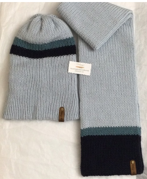 - Unisex Accessories - Material: 100% Acrylic Yarn, Custom Riveted Faux Leather Tags  Construction: Double Layered Knit Scarf and Beanie    Color(s): Smoke Blue, Misty Blue, Navy Blue  Size: OS Stretchable 