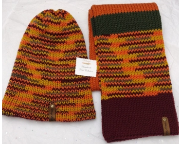 - Unisex Accessories -Material: 100% Acrylic Yarn, Custom Riveted Faux Leather Tags  Construction: Double Layered Knit Scarf and Beanie    Color(s): Burgundy, Pumpkin, Green  and Mixed-Colored Yarn  Size: OS Stretchable 